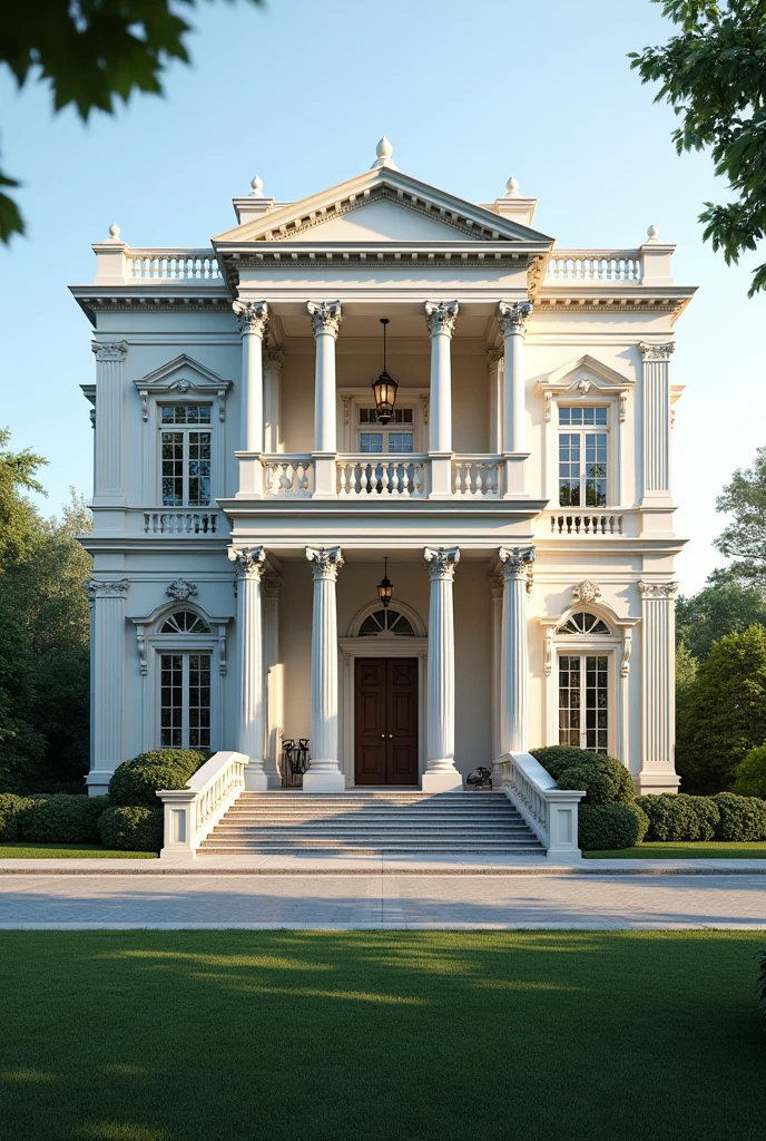 create an image with a background of a beautiful neoclassical two-story house with the text house condominium roland 1 include the text House Condominium Roland 1