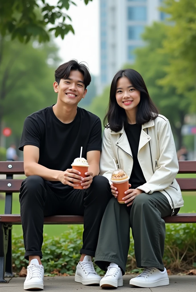 A pair of young Indonesian men and women, bright black hair, wearing a black t-shirt and white leather jacket. long cargo pants,pose,looking at the camera, white sneakers, sitting on a bench in a city park. I'm drinking iced boba cappuccino.Realistic original photo Smile, Upside-Down,