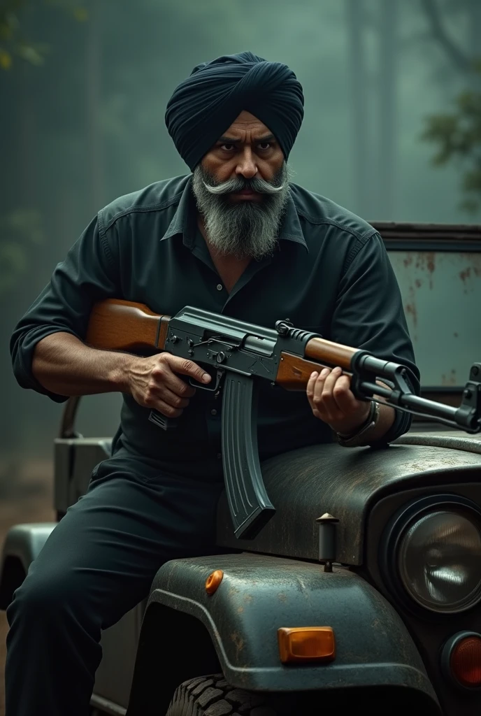 A Punjabi man with a ak47 gun & wear a black colour shut and sitting on thar and background is black dark scene with dangerous look