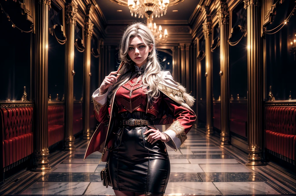 masterpiece,best quality, masterpiece, high detail,detailed face,detailed eyes,rendered eyes,perfect eyes,hip lines,crisp image,detailed,amazing,8k,8k wallpaper,8k background,high detailed skin,high res, (((cowboy shot))), solo, 1girl,looking at viewer,WillowSchnee, . Her attire consists of a white cravat secured by a silver brooch set with a red stone, as well as a light violet jacket with light sleeves, a wide belt around her waist, a matching pencil skirt with black tights and slippers. serious expression, outside ornate theater, gala, red carpet, crowd, ((crowd in military uniforms)) standing in front of limousine, holding wine glass, (volumetric lighting), sharp focus, hyper detailed