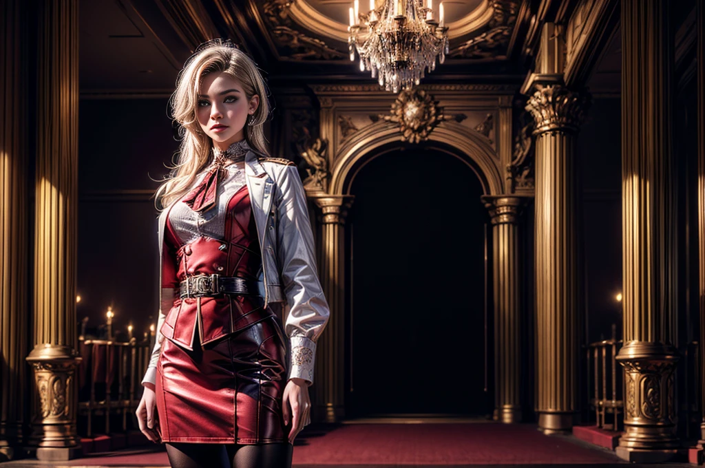 masterpiece,best quality, masterpiece, high detail,detailed face,detailed eyes,rendered eyes,perfect eyes,hip lines,crisp image,detailed,amazing,8k,8k wallpaper,8k background,high detailed skin,high res, (((cowboy shot))), solo, 1girl,looking at viewer,WillowSchnee, . Her attire consists of a white cravat secured by a silver brooch set with a red stone, as well as a light violet jacket with light sleeves, a wide belt around her waist, a matching pencil skirt with black tights and slippers. serious expression, outside ornate theater, gala, red carpet, crowd, ((crowd in military uniforms)) standing in front of limousine, holding wine glass,  (volumetric lighting), sharp focus, hyper detailed 