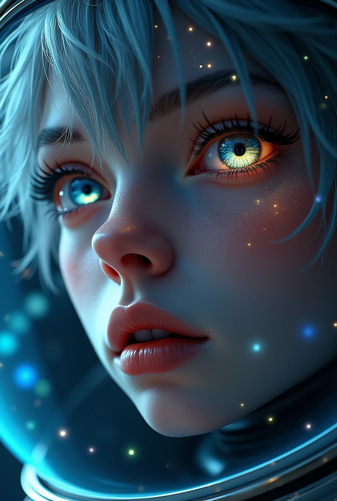 (Close-up of a better masterpiece:1.5)0.9], (Space and astronauts:1.2) (Messy silver hair:1.1) (Heterochromia xanthochromia and blue eyes:1.2) (Space Helmet:1.0) (Colored stars in the eyes:1.0) (A radiant glow:1.1) (thick lips:0.9)