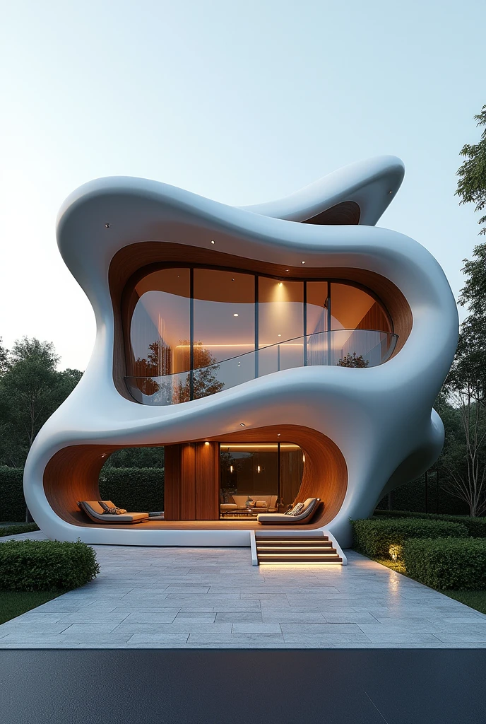 Create me an unique extrior of a house that shows fluidity and geomtric shapes