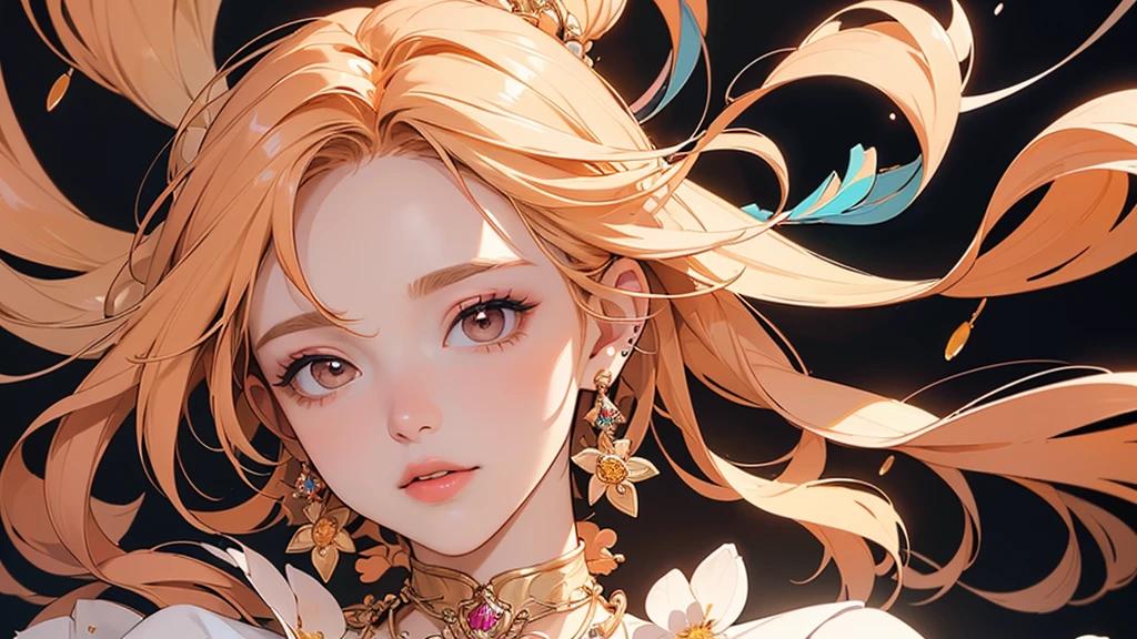 32K, 最高quality, 最高masterpiece, (ultra-Detailed Background, Detailed Background), High resolution, Super detailed, Very detailedな, 1 personの, (bouquet:1.3), (Tangled:1.2), (Geometric:1.2),(colorful),(masterpiece, quality, best quality, Official Art, Beautiful and beautiful:1.2), (1 person:1.3), Very detailed,(colorful:1.1)(Flowers:1.3),Most detailed,(Tangled:1.2), whole body, (Abstract background:1.3), (Skin glows), (Many colors:1.4), ,(Earrings Jewelry:1.5), Pale Orange Background, Gradation, It's imaginative., Flaxen Hair,