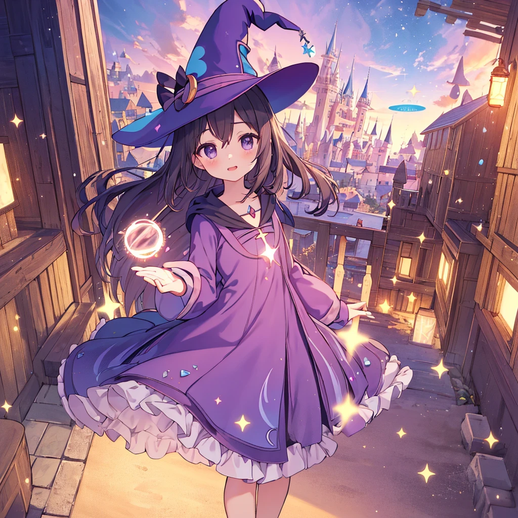 piece
,absurderes, hight resolution, (Anime style:1.1), ((masutepiece)), ((Best Quality)), (Ultra-detailed), (Beautiful),Beautiful face、(liftup),Cute  s、(sandbox:1.4),in a panoramic view，Cute old girl solo, Purple dress、ighly detailed, cinematic lighting effect，4K，tmasterpiece，offcial art、(((((Long、magical 、magia)))))witch's hat、witch&#39;s wand、((Purple long hair))The fantastic scenery,
