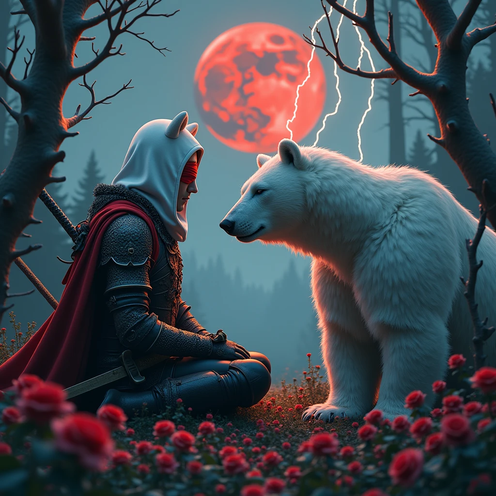 Male knight with a white hood with bear ears with sword behind his back sits towards a polar bear in a forest while the moon shines, many Roses cover the ground and lightning falls from the sky. The polar bear sleeps in front of the knight. Only the man wears a red blindfold. In the background of the picture is the blood moon. The forest is full of trees with leaves. The armor of the man is black and red roses decorate it. The knight smells on a rose.