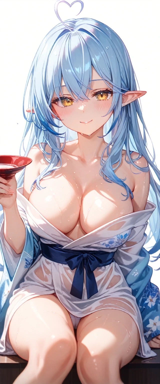 (musterpiece), (best quality), (score_9, score_8_up, score_7_up), very detailed eyes, expressive eyes, perfect face, very detailed face, highly detailed face, beautiful girl, 8K, beautiful girl, (white background:1.3), delicate and beautiful face and eyes, dark intense shadow, 1 girl, solo, vtuber style, cool girl, hololive, vtuber, Yukihana Lamy, Elf ears, blue hair, heart ahoge, golden eyes, messy kimono, off the shoulders, Healthy slim body, big chest, soft chest, , clavicle, cameltoe, hiny Oiled Skin, half-closed eyes, wet hair, wet body, ass visi through thighs, (whole body), drinking sake, sitting, look up, smile, blush, tipsy, one hand holding a Sake glass, from below, pov chest,