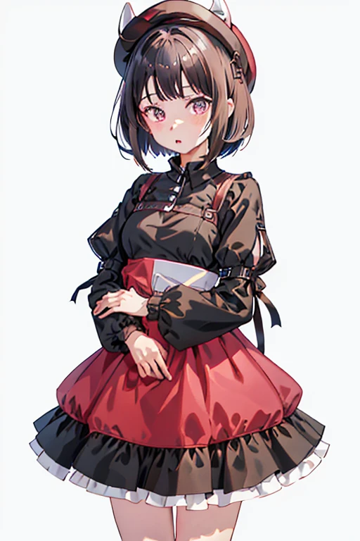 1girl,:o,black_dress,bob_cut,brown_hair,commentary_request,cowboy_shot,dress,hat,highres,looking_at_viewer,osanai_yuki,parted_lips,pink_eyes,puffy_short_sleeves,puffy_sleeves,short_hair,short_sleeves,shoushimin_series,simple_background,solo,teiku_(tokagezaurusu),twitter_username,white_background,white_hat, best quality, masterpiece, nai3