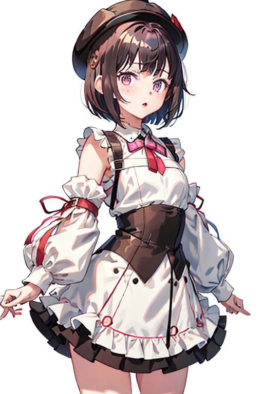 1girl,:o,black_dress,bob_cut,brown_hair,commentary_request,cowboy_shot,dress,hat,highres,looking_at_viewer,osanai_yuki,parted_lips,pink_eyes,puffy_short_sleeves,puffy_sleeves,short_hair,short_sleeves,shoushimin_series,simple_background,solo,teiku_(tokagezaurusu),twitter_username,white_background,white_hat, best quality, masterpiece, nai3