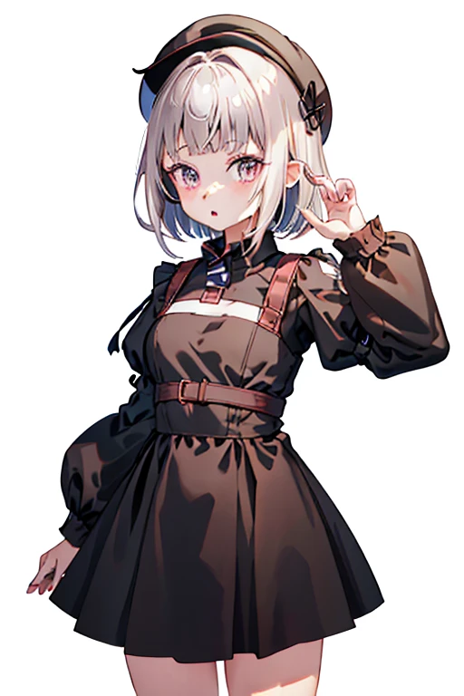 1girl,:o,black_dress,bob_cut,brown_hair,commentary_request,cowboy_shot,dress,hat,highres,looking_at_viewer,osanai_yuki,parted_lips,pink_eyes,puffy_short_sleeves,puffy_sleeves,short_hair,short_sleeves,shoushimin_series,simple_background,solo,teiku_(tokagezaurusu),twitter_username,white_background,white_hat, best quality, masterpiece, nai3
