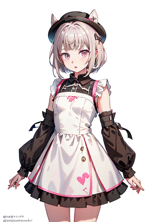 1girl,:o,black_dress,bob_cut,brown_hair,commentary_request,cowboy_shot,dress,hat,highres,looking_at_viewer,osanai_yuki,parted_lips,pink_eyes,puffy_short_sleeves,puffy_sleeves,short_hair,short_sleeves,shoushimin_series,simple_background,solo,teiku_(tokagezaurusu),twitter_username,white_background,white_hat, best quality, masterpiece, nai3