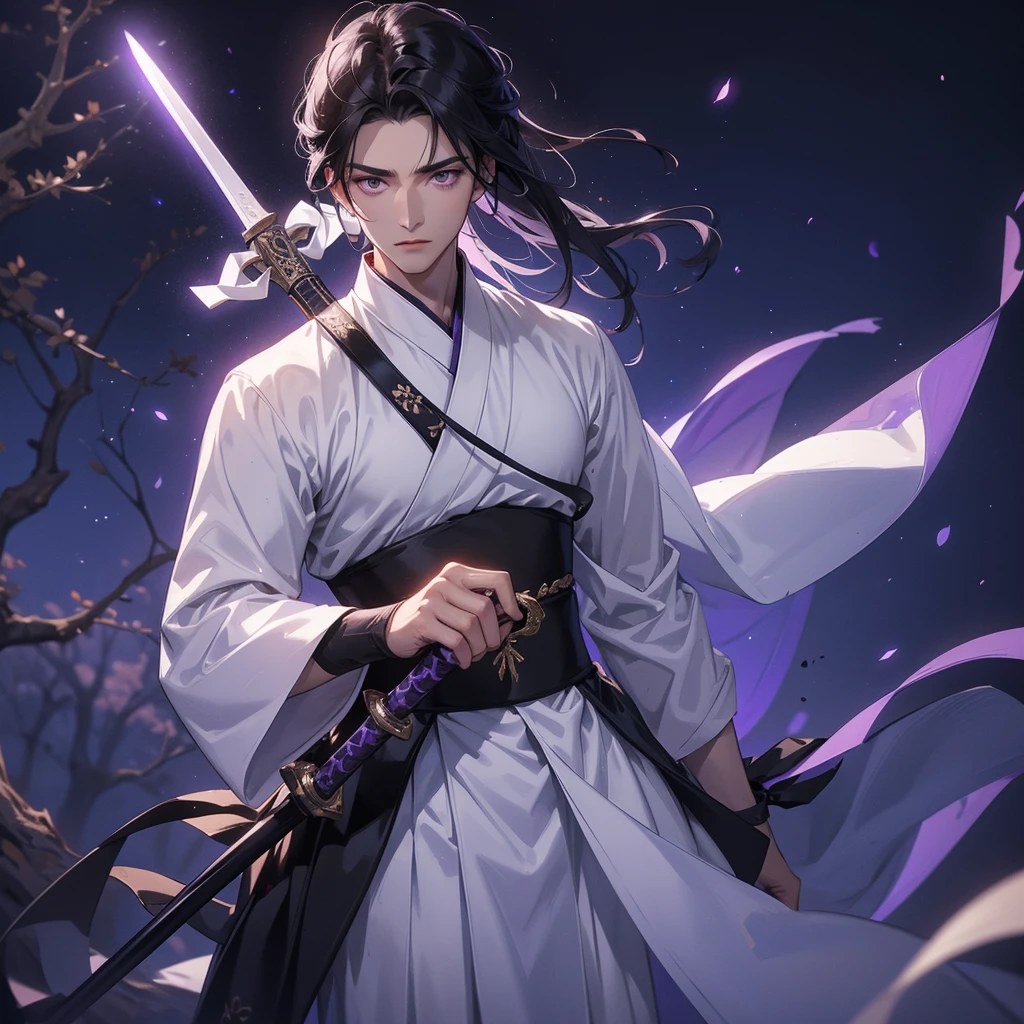 A Handsome black-hair male holding a large sword in white hanfu dress, Background is a dark moonless night, with dry trees in the background, and purple glowing light,