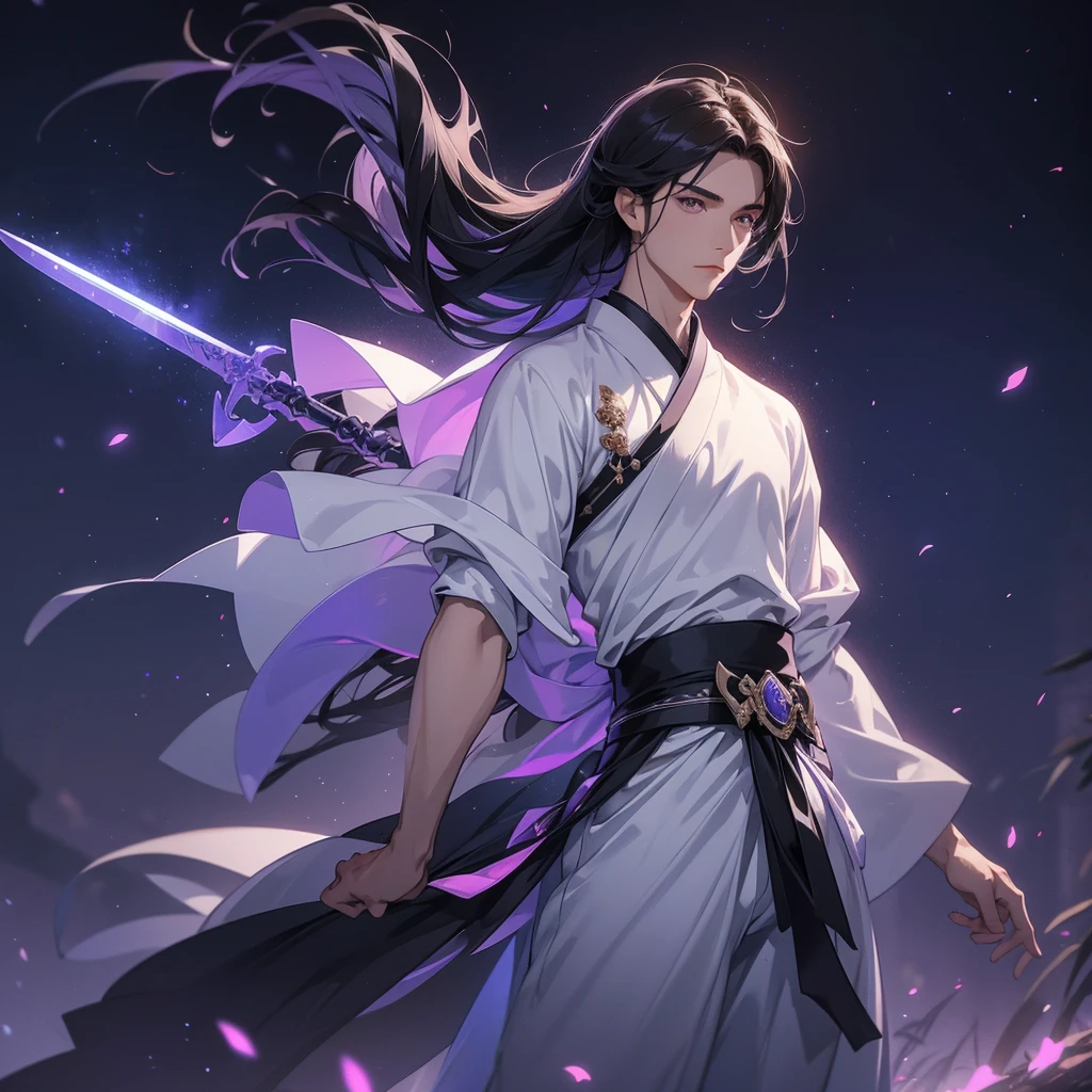 A Handsome black-hair male holding a large sword in white hanfu dress, Background is a dark moonless night, with dry trees in the background, and purple glowing light,