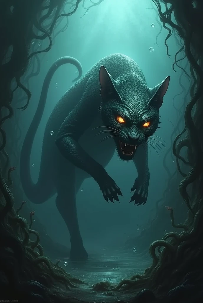 Draw a cat combined with a snake and live underwater in a really creepy and scary style