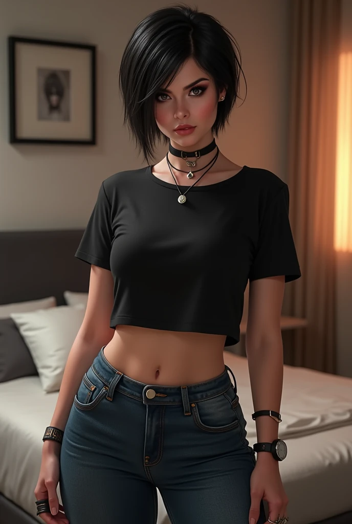woman sssniperwolf with glasses and choker necklace and black crop top tshirt and tight jeans thick_thighs standing in a bedroom with short pixie hair masterpiece, best quality