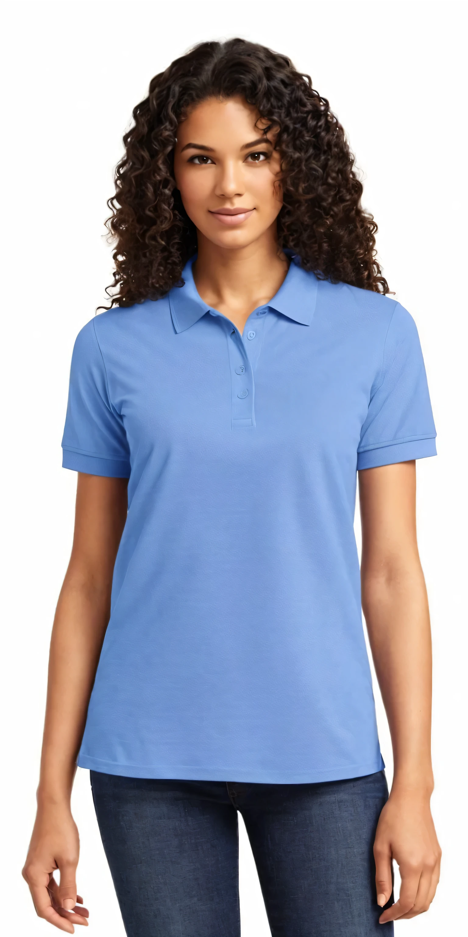 port authority women's with curly hair, polo shirt, wearing polo shirt, wearing a dark blue polo shirt, light-blue, wearing a light blue shirt, short sleeves, collared shirt, blue shirt, in a dark teal polo shirt, light blue, sky blue, blue, pale blue, half image, 3/4 front view, close body shot, blue tight tshirt, curly Hair.