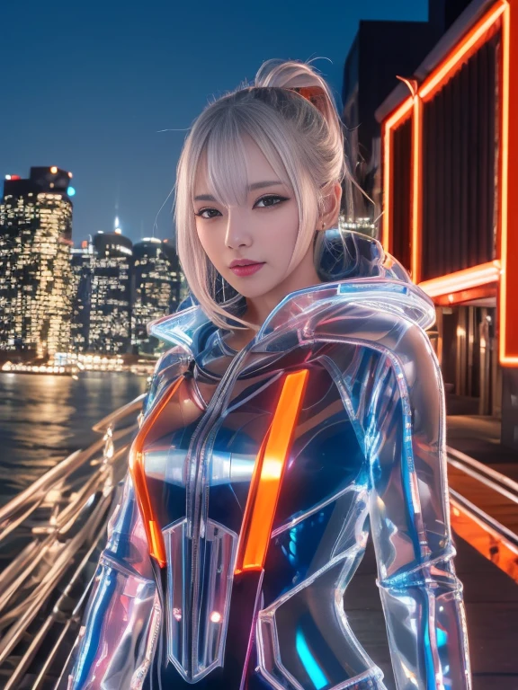 Lake at night,(Gorgeous night illuminations:1.3),(Standing in the night:1.3)The actress is a very beautiful adult woman........(Sexy super shiny orange transparent holographic mechanical cyberpunk suit with hood:1.3) ,(A mechanical hooded suit that lights up with vibrant LEDs:1.3),Surrounded by a network of wires. surrounded by circuits.Sexy Face, necklace,Earrings, Smile.Sexy pose, (Silver Hair、精巧な編み込みとビーズで飾られたponytailのツイストバンズ,),(The bangs are see-through),(hairpin、ponytail、Floating Hair、),Chest slip,(Emphasize large breasts:1.3),Professional Lighting,Cinematic Light,(Tabletop,Highest quality,Ultra-high resolution output images,) ,(8K quality,),(SeaArt 2 Mode:1.3),,(Picture Mode Ultra HD,)