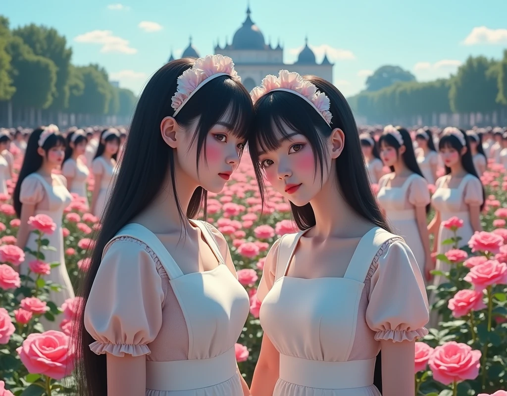 (No need to take a close-up of the subject in the center of the front), (Japanese Clone-girls=Myself), (Super Best masterpiece Clone-girls Raw Photography Art), (16K, Highest quality, Ultra-high resolution, RAW Photos), (It&#39;s so unrealistic., With unparalleled depiction, With an unfathomable sight, An unprecedented and shocking worldview, Clone-girls: In a world of mass reproduction, Ultra-realistic depiction), (Japanese girls, Sasaki Nozomi, 26yo), (Small face, Glossy dark hair, long hair, Dark Eyes, Mature face, Cute Smile), (A charming smiling face), (Very beautiful and detailed girl, Accurate body structure, Accurate body movements, Very detailed body), (Super big breasts, Large bulge of ample breasts), (orthodox maid clothes, Emphasise the fullness of your breasts), (Very detailed, Myself cloning, Depiction of splitting oneself, 1Myself girl→1,000,000,000,000,000,000,000,000,000,000Myself cloning girls), (Myself clone girlsは, With the same perfect appearance, to multiply in large numbers), (Very detailed depiction, Myself&#39;s multiplying female body, In the same female body,With the same face, With the same hairstyle, In the same clothes, At the same height, 同じSuper big breastsで, A completely indistinguishable female body, 1,000,000,000,000,000,000,000,000,000,000 people), (Myself girls only), (1,000,000,000,000,000,000,000,000,000,000Myself girls), A European-style building in the distance, A vast 100ha rose garden, Scenes of doting affection between myself, Physical contact, Cute smile, A happy smile, Pleasant blue sky, Clear and accurate perspective depiction, Ultra-wide field of view, Focus on the average value of the image