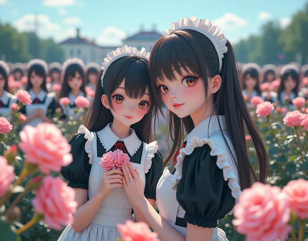 (No need to take a close-up of the subject in the center of the front), (Japanese Clone-girls=Myself), (Super Best masterpiece Clone-girls Raw Photography Art), (16K, Highest quality, Ultra-high resolution, RAW Photos), (It's so unrealistic., With unparalleled depiction, With an unfathomable sight, An unprecedented and shocking worldview, Clone-girls: In a world of mass reproduction, Ultra-realistic depiction), (Japanese girls, Sasaki Nozomi, 26yo), (Small face, Glossy dark hair, long hair, Dark Eyes, Mature face, Cute Smile), (A charming smiling face), (Very beautiful and detailed girl, Accurate body structure, Accurate body movements, Very detailed body), (Super big breasts, Large bulge of ample breasts), (orthodox maid clothes, Emphasise the fullness of your breasts), (Very detailed, Myself cloning, Depiction of splitting oneself, 1Myself girl→1,000,000,000,000,000,000,000,000,000,000Myself cloning girls), (Myself clone girlsは, With the same perfect appearance, to multiply in large numbers), (Very detailed depiction, Myself's multiplying female body, In the same female body,With the same face, With the same hairstyle, In the same clothes, At the same height, 同じSuper big breastsで, A completely indistinguishable female body, 1,000,000,000,000,000,000,000,000,000,000 people), (Myself girls only), (1,000,000,000,000,000,000,000,000,000,000Myself girls), A European-style building in the distance, A vast 100ha rose garden, Scenes of doting affection between myself, Physical contact, Cute smile, A happy smile, Pleasant blue sky, Clear and accurate perspective depiction, Ultra-wide field of view, Focus on the average value of the image