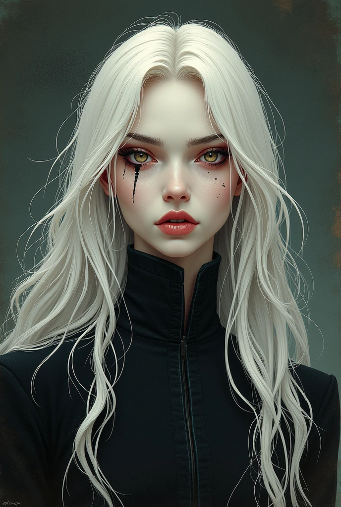 Dark fantasy vampire with long white hair, with an angelic face, naughty man, drawn no estilo vintage, drawn, creepy, male, 2d