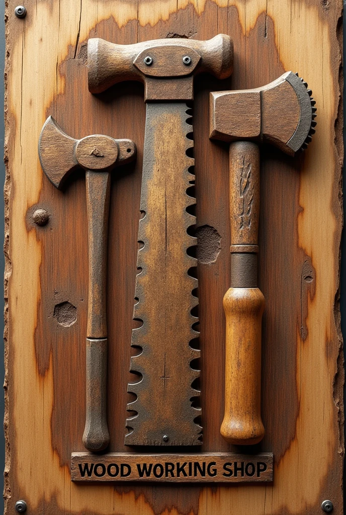 Logo of a carpentry shop called Polita Brother's. With a handsaw a circular saw, An ax, all engraved in wood Written at the bottom Wood Working Shop in larger letters