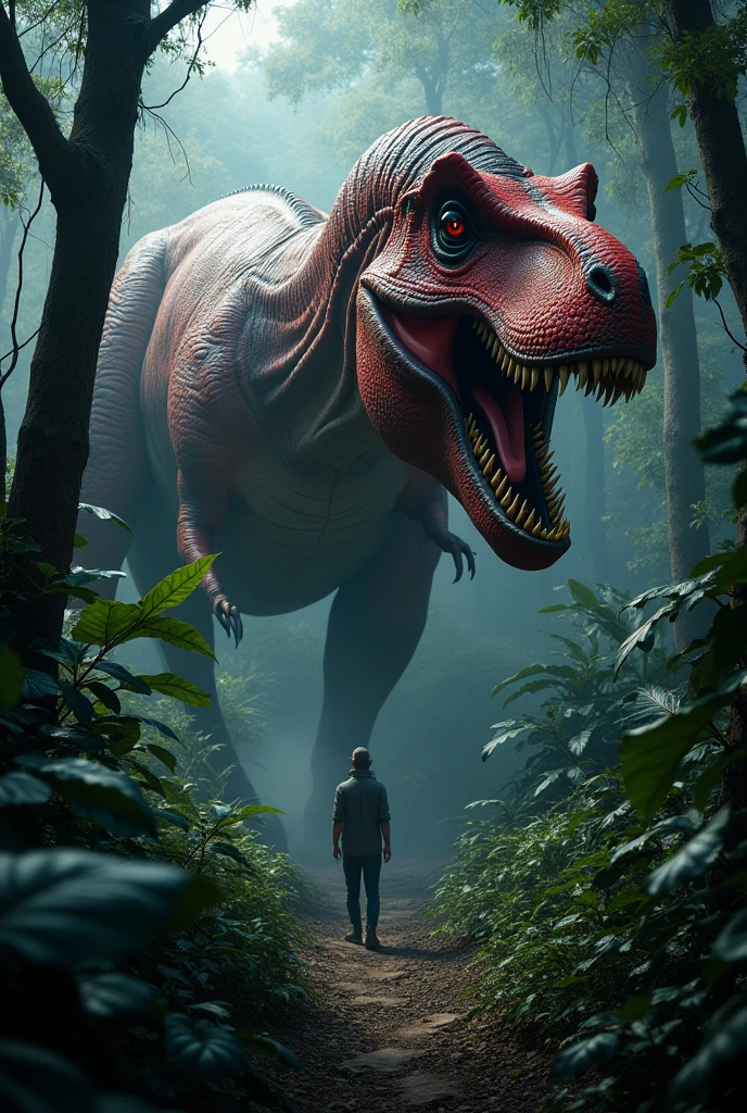 Red Tyrannosaurus Rex with black stripes hiding in the undergrowth in the African forest at night in front of a hunting man. Terror. frightful. fear. 