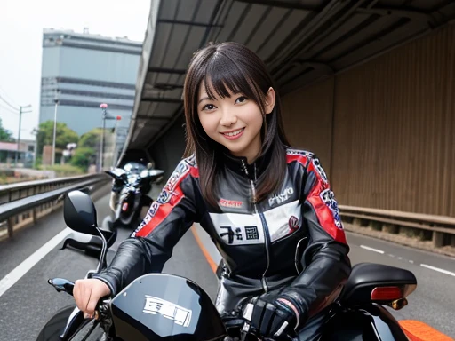 Japanese female, (underweight), (medium bust best quality:1.0), 30 years old, (cheerful grin:1.3),
tunnel, motorcycle, (riding motorcycle), semi long, wide shot,