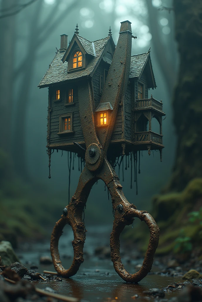 a surreal scene of scissors transforming into a house, hyper detailed, intricate metamorphosis, surrealistic, dreamlike, dramatic lighting, moody colors, cinematic, dark fantasy, masterpiece