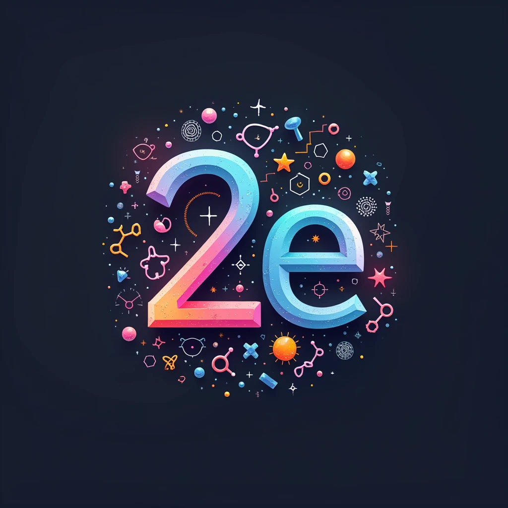 Colorfull logo with big text "2e" and many biological and chemistry details in dark gray background