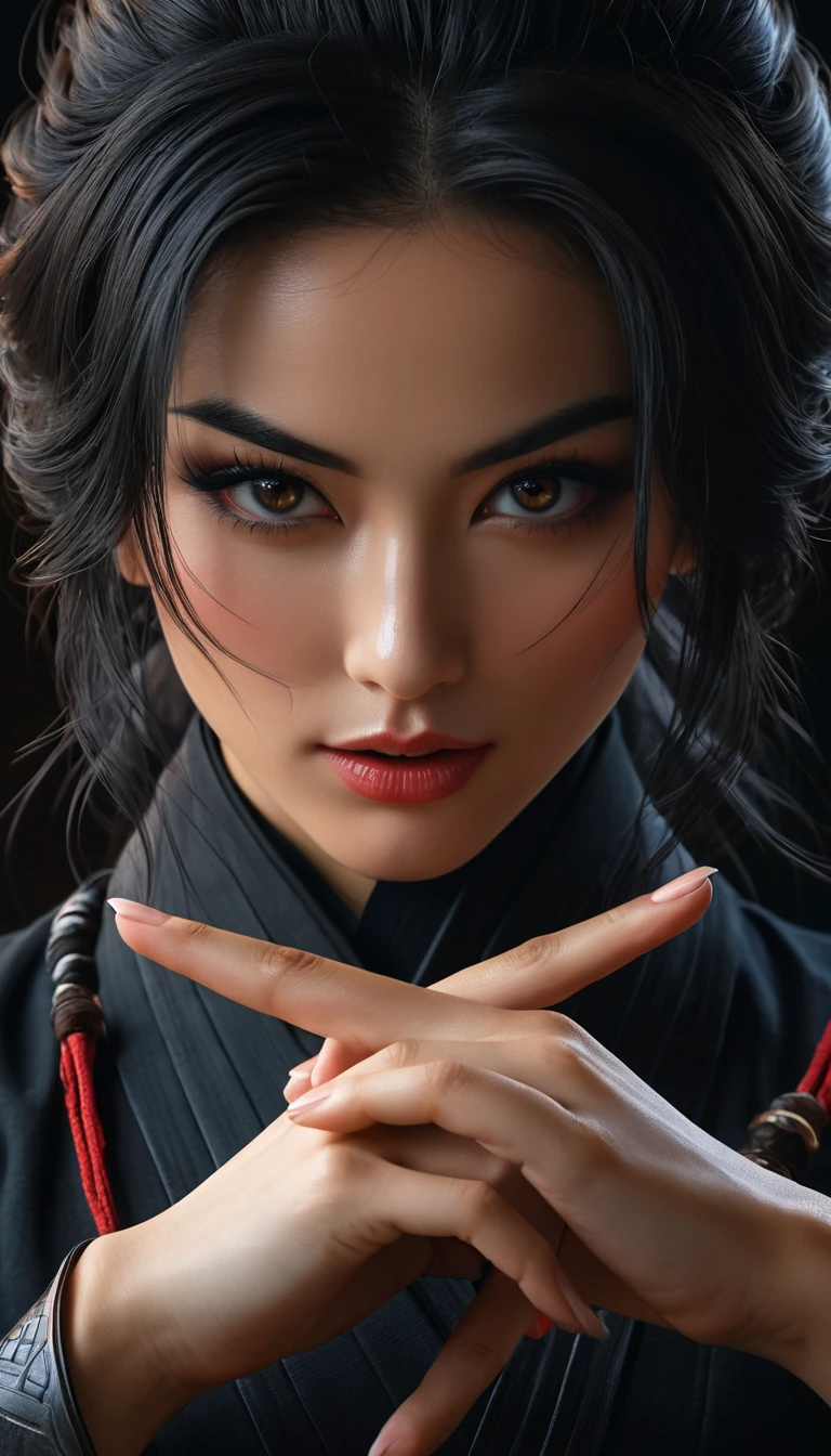 (best quality,4k,8k,highres,masterpiece:1.2), ultra-detailed, (realistic,photorealistic,photo-realistic:1.37),a beautiful female ninja making a hand sign, intricate detailed face, piercing eyes, detailed lips, flowing hair, graceful pose, dynamic action, dark mysterious background, cinematic lighting, dramatic shadows, digital art, concept art, Her hands are clasped together in a hand gesture