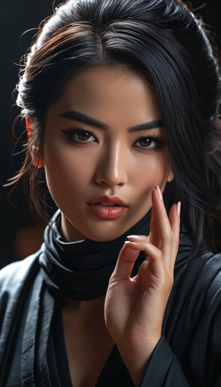 (best quality,4k,8k,highres,masterpiece:1.2), ultra-detailed, (realistic,photorealistic,photo-realistic:1.37),a beautiful female ninja making a hand sign, intricate detailed face, piercing eyes, detailed lips, flowing hair, graceful pose, dynamic action, dark mysterious background, cinematic lighting, dramatic shadows, digital art, concept art, Her hands are clasped together in a hand gesture