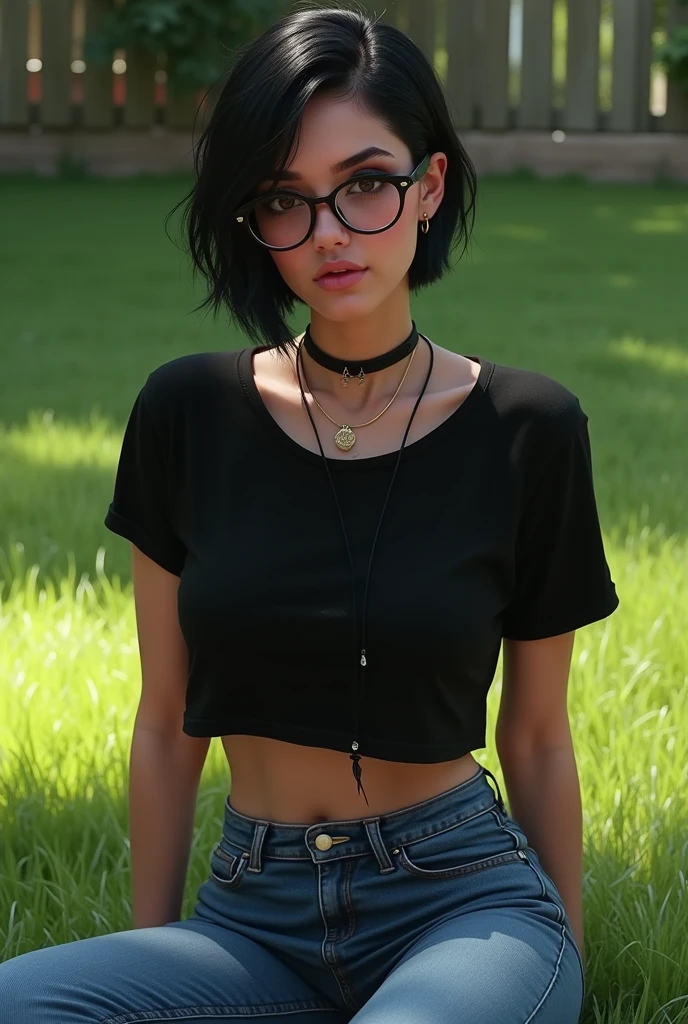 woman sssniperwolf with glasses and choker necklace and black crop top tshirt and tight jeans thick_thighs standing sitting in a lawn with short pixie hair masterpiece, best quality