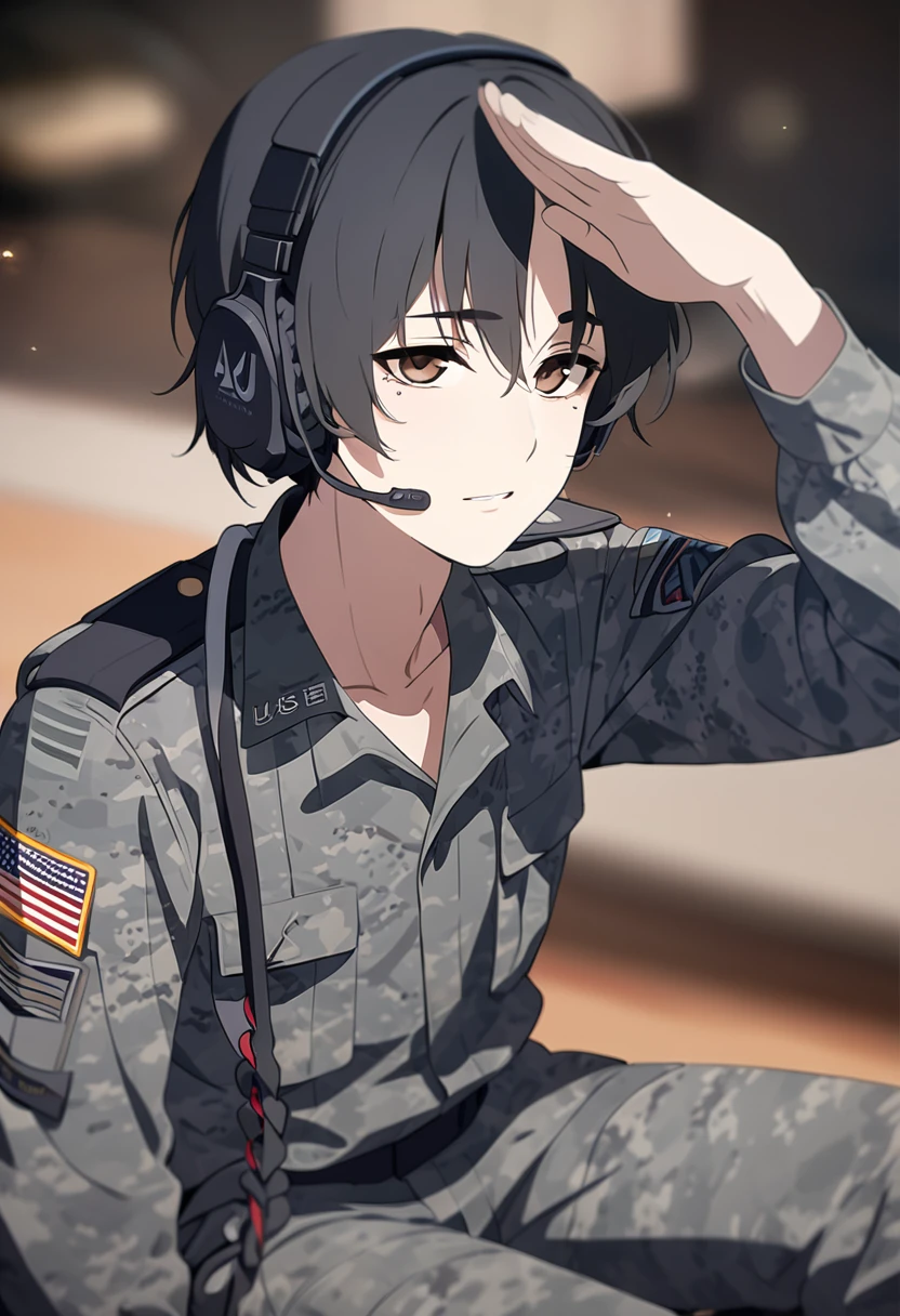 masterpiece,best quality,depth of field,8k,Looking at the viewer,man,black hair,brown eyes,(charismatic eyes 1:1),chic,alone,Has dark circles under their eyes,sitting,U.s. military,Looking up,ACU Gray Uniform,male,Wearing a gaming headset around his neck,standing,Saluting