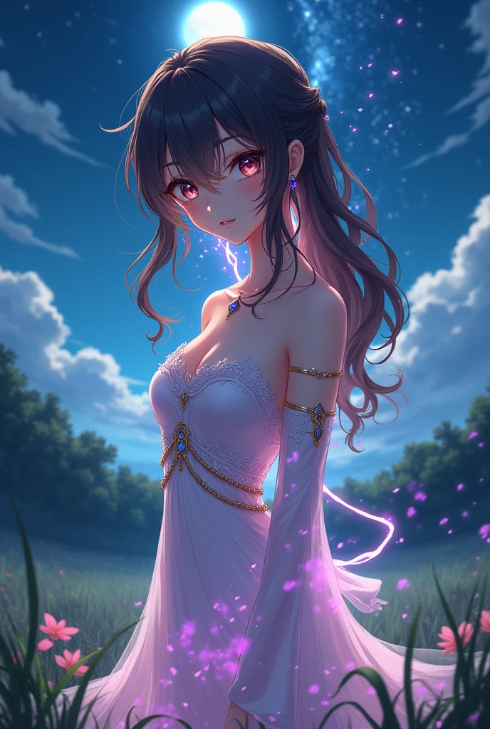 (masterpiece、Highest quality、8k、High resolution)、1 female、(Beautiful Face、Beautiful Face)、Beautiful eyes with slit length、Cute lips、Beautiful Nose、Brownish black hair、(Best anime girl)、Grassland with a forest view、Walking,Colorful flowers blooming in the field,A bright night with the stars clearly visible、full moon、milky way、Mysterious light particles from the whole body、Colorful light particles、A mysterious light shining around your head、melt、jewelry、necklace、dress、(Beautiful full body style)、Highly detailed anime art、A complete portrayal、