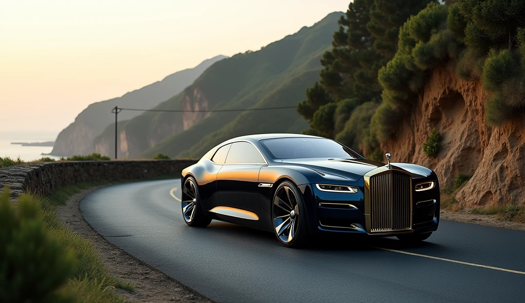 Um carro Rolls-Royce Sweptail muito bonito, on a road. And I want to see the images in full view