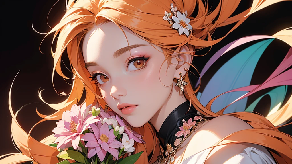 32K, 最高quality, 最高masterpiece, (ultra-Detailed Background, Detailed Background), High resolution, Super detailed, Very detailedな, 1 personの, (bouquet:1.3), (Tangled:1.2), (Geometric:1.2),(colorful),(masterpiece, quality, best quality, Official Art, Beautiful and beautiful:1.2), (1 person:1.3), Very detailed,(colorful:1.1)(Flowers:1.3),Most detailed,(Tangled:1.2), whole body, (Abstract background:1.3), (Skin glows), (Many colors:1.4), ,(Earrings Jewelry:1.5), Pale Orange Background, Gradation, It's imaginative., Flaxen Hair,