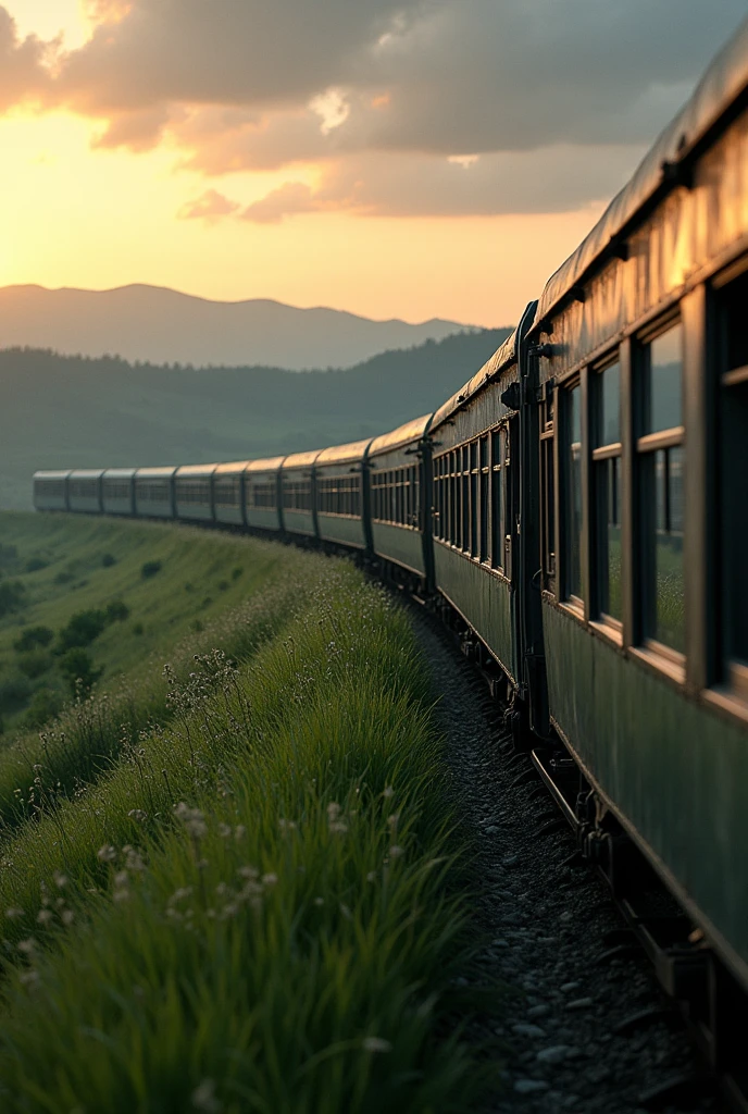 long train, grass, side view, twilight, neutral density, after rain, photorealistic sky, hdr