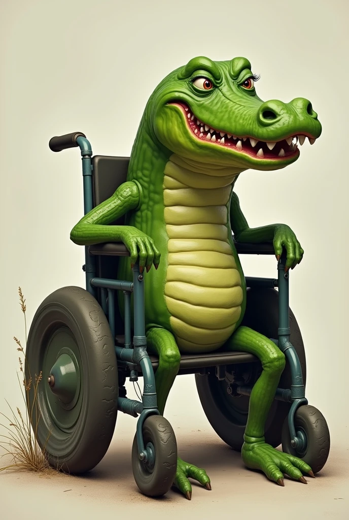 Pickle with an alligator face in a wheelchair with a massive big ass without legs and arms