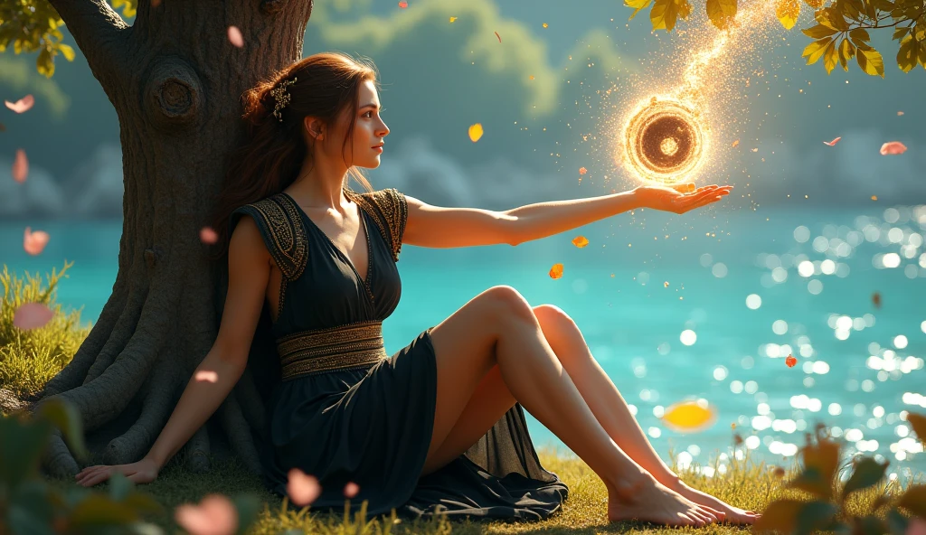 Masterpiece, best quality, (very detailed CG unity 8k wallpaper) (best quality), (best shadows) Nature, blue sea,delicate leaves petals of various colors falling in the air, super detailed , woman 30 years old, arm outstretched, black hole on his hand with sparks of electricity . brown hair, short black greek robe with golden laces. sitting against a tree, vanessa decker