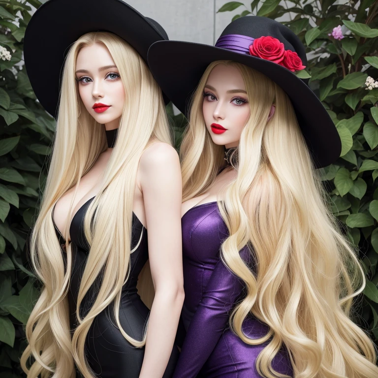 perfect face, red lips, green eyes,long black hair with very long blonde hair, super long blonde hair with very super long black hair, large hair, huge hair, woman wearing purple waisted mermaid dress, flowers hat