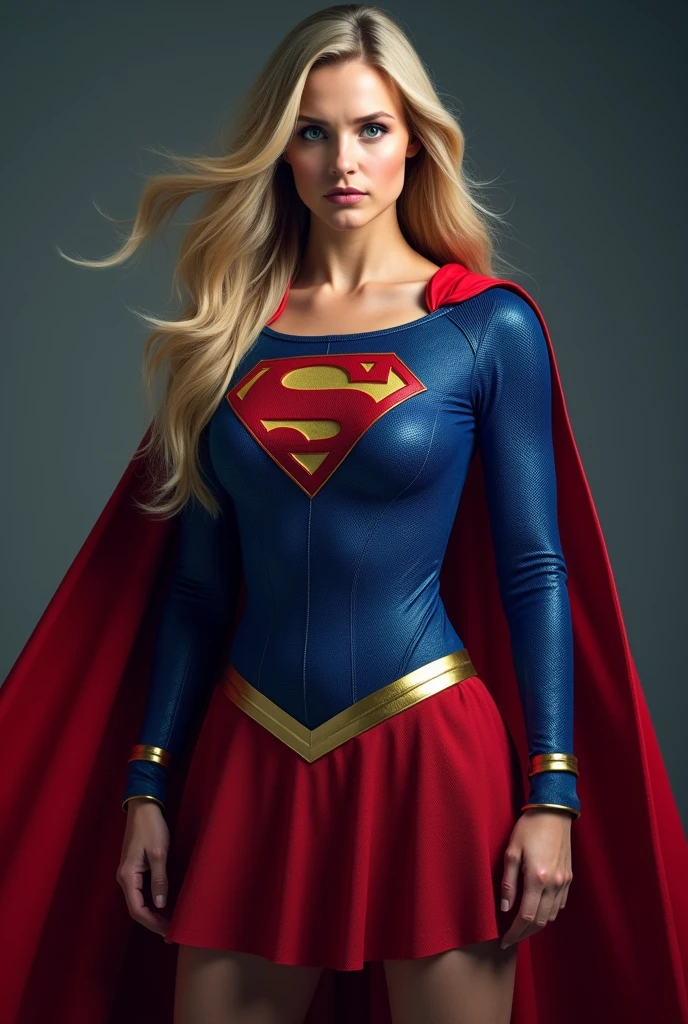 supergirl, full blue body suit, long blonde hair, red elbow gloves, red gauntlets, black tights, red boots, red skirt, gold belt, really long red cape, standing, looking straight, full image from head and legs, hands cuffed, (detailed body:1, 5) (high detailed skin:1. 2) , (best quality:1. 4) , (blemishes:1) , (highly detailed clothes:1) (highly detailed face:1) , (masterpiece), (best quality), (detailed), (8k), (HDR), (cinematic lighting) (sharp focus) (intricate) , (8k, RAW photo, best quality, masterpiece:1. 2) , (realistic, photo-realistic:1. 37) , ultra high res, (focus face:1. 6) , (portrait face:1. 3) , (high contrast:1. 1) , (intense:1. 1) , (detailed:1. 1) , (highest quality, (analog:1. 2) , (high sharpness) , real shadow, photographed by Canon EOS R6, 135mm, 1/1250s, f/2. 8, ISO 400
