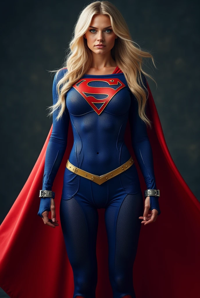 supergirl, full blue body suit, long blonde hair, red elbow gloves, red gauntlets, black tights, red boots, red skirt, gold belt, really long red cape, standing, looking straight, full image from head and legs, hands cuffed, (detailed body:1, 5) (high detailed skin:1. 2) , (best quality:1. 4) , (blemishes:1) , (highly detailed clothes:1) (highly detailed face:1) , (masterpiece), (best quality), (detailed), (8k), (HDR), (cinematic lighting) (sharp focus) (intricate) , (8k, RAW photo, best quality, masterpiece:1. 2) , (realistic, photo-realistic:1. 37) , ultra high res, (focus face:1. 6) , (portrait face:1. 3) , (high contrast:1. 1) , (intense:1. 1) , (detailed:1. 1) , (highest quality, (analog:1. 2) , (high sharpness) , real shadow, photographed by Canon EOS R6, 135mm, 1/1250s, f/2. 8, ISO 400