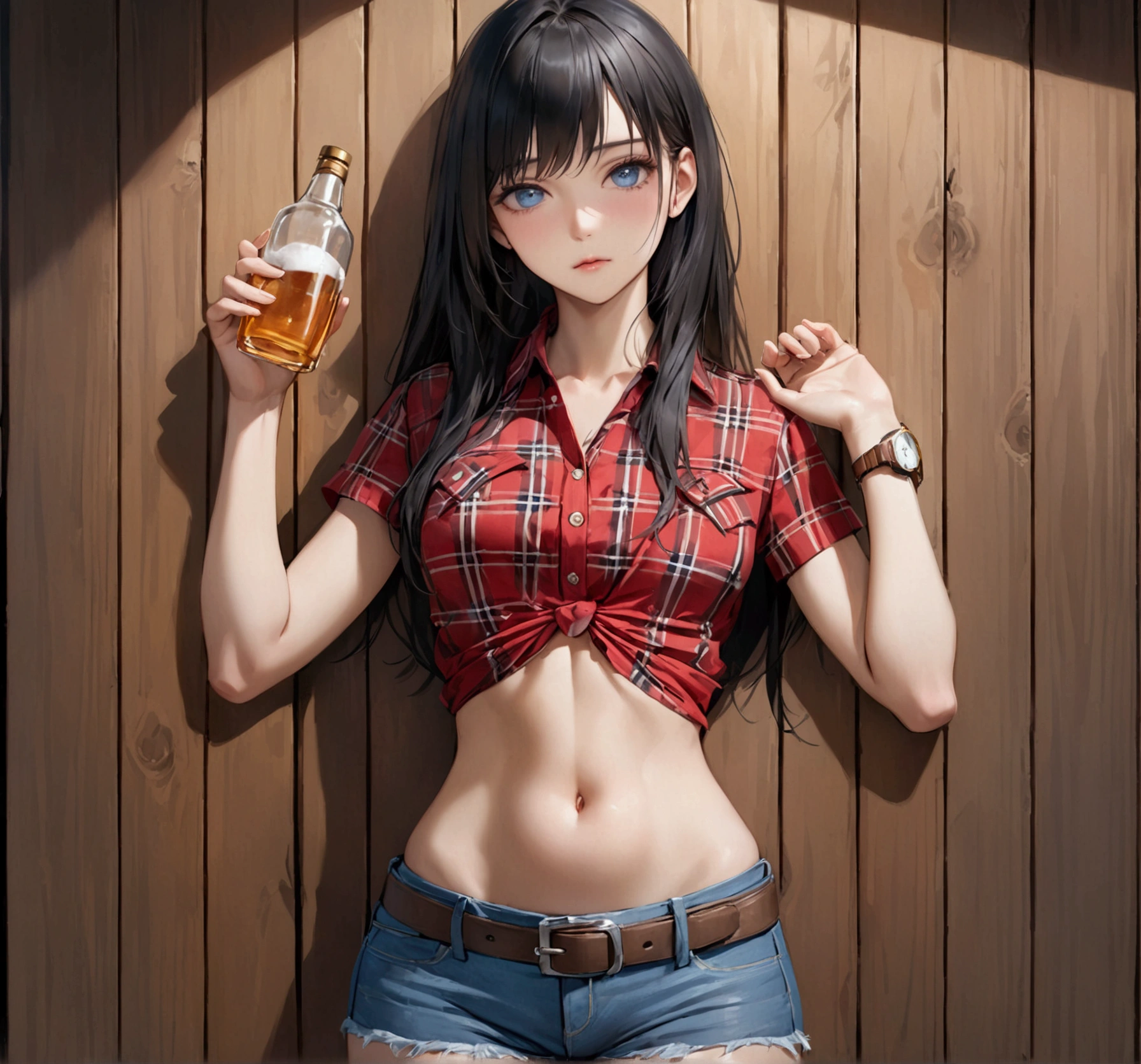 Woman with long black hair, blue eyes, An athletic body, Red plaid tight short sleeve cowgirl shirt, watch, Navel exposed, Denim hot pants, Brown belt with square buckle, Stand up straight, Drunk,In front of a wooden wall,Front view,Cowboy Shot,16K, Highest quality, masterpiece, Realistic, detailed