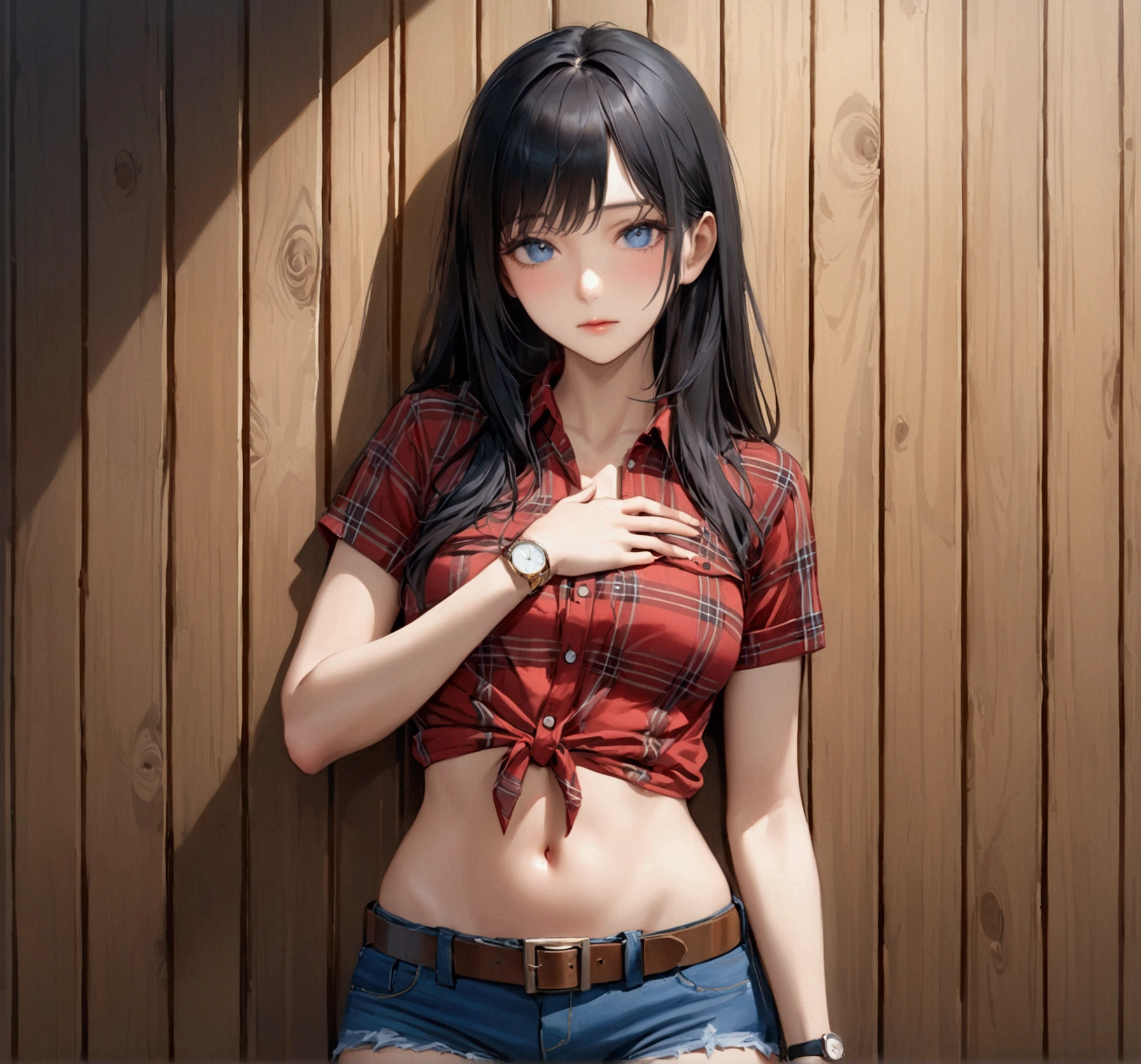 Woman with long black hair, blue eyes, An athletic body, Red plaid tight short sleeve cowgirl shirt, watch, Navel exposed, Denim hot pants, Brown belt with square buckle, Stand up straight, Drunk,In front of a wooden wall,Front view,Cowboy Shot,16K, Highest quality, masterpiece, Realistic, detailed