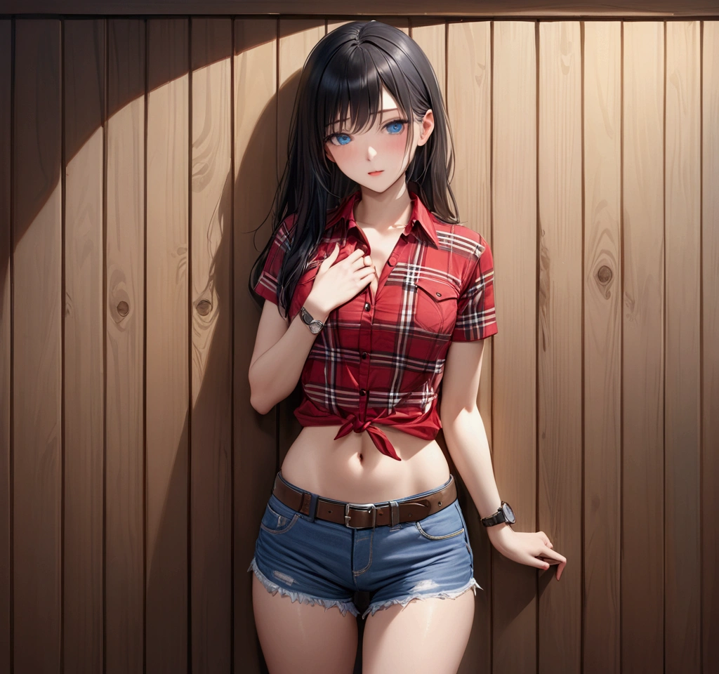 Woman with long black hair, Barely,blue eyes, An athletic body, (watch:1..5),(Brown belt with square buckle:1.5), (Brown western boots),(Red plaid tight ultra short sleeve collared cowgirl shirt),Navel exposed, (Denim hot pants),Blushed face,Strong drunk,Fascinating face,In front of a wooden wall,Front view,Photograph from the knee up,16K, Highest quality, masterpiece, Realistic, detailed