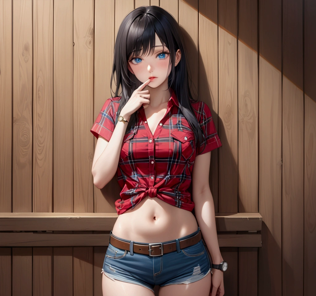 Woman with long black hair, blue eyes, An athletic body, Red plaid tight short sleeve cowgirl shirt, watch, Navel exposed, Denim hot pants, Brown belt with square buckle, Stand up straight, Drunk,In front of a wooden wall,Front view,Cowboy Shot,16K, Highest quality, masterpiece, Realistic, detailed