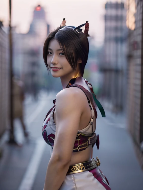 20 year old Japanese beauty，One woman、Muscular body like a bodybuilder、Emphasize the breasts、He wears a headband on his head、Slit eyes、A head-to-toe view，Bust is very very small、Wall Street in the background、High quality photos、Clear, crisp images of the lower body、Masterpiece 8k、Smiling、Is doing a high kick、From the front, from the side, from the back, etc.々from what camera angle to shoot、Orange Ninja Costume、The clothes are embroidered with dragons.、Have sunglasses