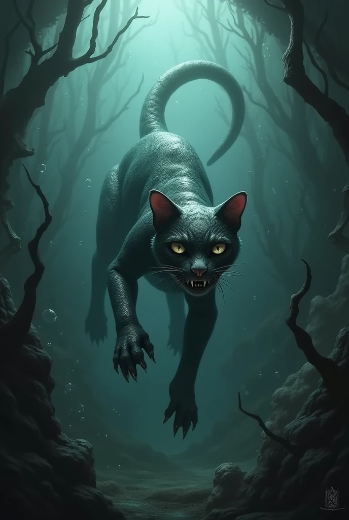 Draw a cat combined with a snake and live underwater in a really creepy and scary style 