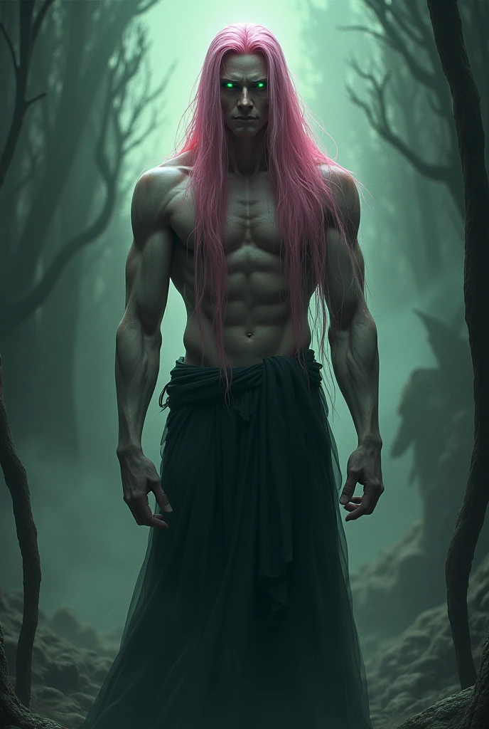 A tall man, long pink hair, sculptural body, greeneyes.
(Devil)