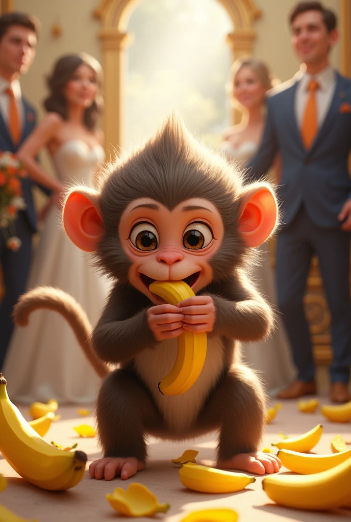 A monkey eating a banana at a wedding